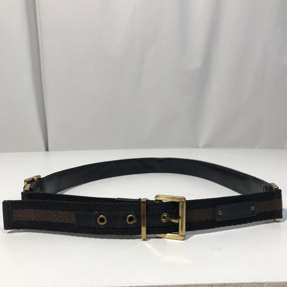 Authentic Gucci Woven Web and Leather Black & Chocolate Brown Logo Stripe Belt - Picture 4 of 16
